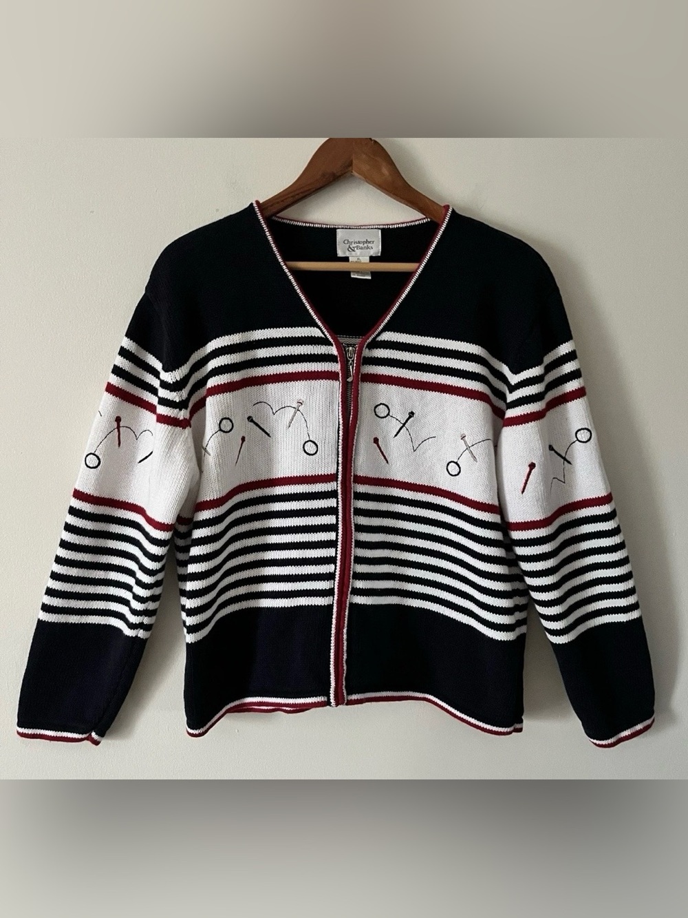 Christopher & Banks Vintage Golf Embroidered Zip Cardigan Red White Blue Size XL